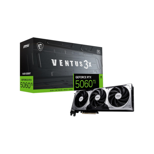Видеокарта MSI GeForce RTX 5060 Ti 16G VENTUS 3X OC, 16GB GDDR7, 128-bit, PCIe 5.0 (x8), 3x DP 2.1b, HDMI 2.1b