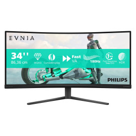 Монитор Philips Evnia 34M2C3500L, 34.0 инча, VA, 3440x1440, 180Hz, 0.5ms, 21:9, извит 1500R, HDR10, Adaptive Sync, HDMI, DisplayPort