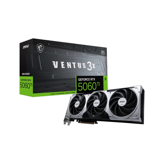 Видеокарта MSI GeForce RTX 5060 Ti 8G VENTUS 3X OC, 8GB GDDR7, 128-bit, PCIe 5.0 (x8), 3x DP 2.1b, HDMI 2.1b