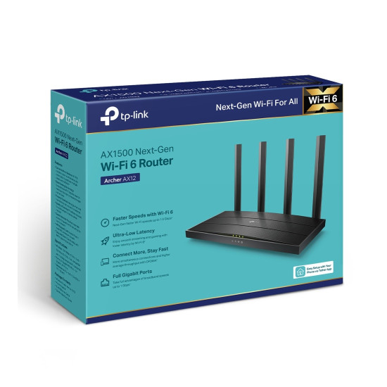 Рутер Archer AX12, AX1500, 1201 Mbps (5 GHz) / 300 Mbps (2.4 GHz), WiFi6, 4 антени