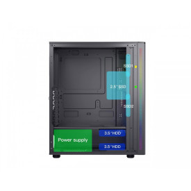 Кутия за компютър VLINE U10, 2x3.5" HDD, 2x2.5"SSD, USB 3.0x1,USB 2.0x2,Slots 7, no PSU, 120mm, RGB, Black