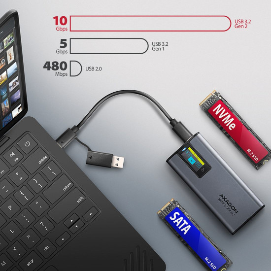 Външна кутия за диск AXAGON EEM2-SD2 USB-C 10Gbps - M.2 NVMe & SATA SSD DISPLAY Box