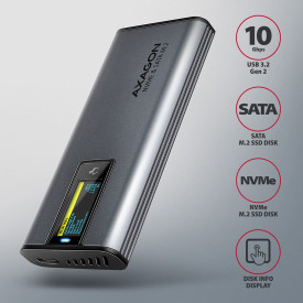 Външна кутия за диск AXAGON EEM2-SD2 USB-C 10Gbps - M.2 NVMe & SATA SSD DISPLAY Box