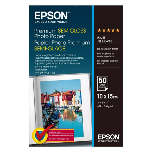 Фотохартия EPSON Premium C13S041765, полу-гланц, 251 гр, 100x150 мм, 50 листа