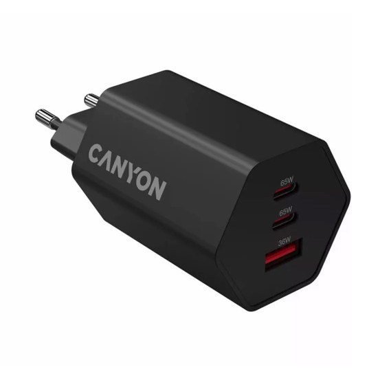 Зарядно CANYON HEXAGON 65 GaN, 65W, 2xPD, 1xQC, EU, Black