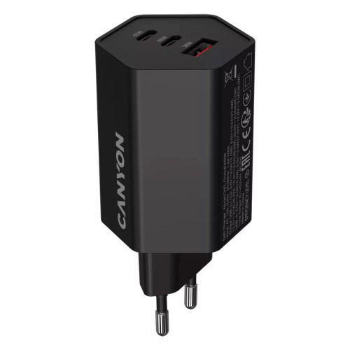 Зарядно CANYON HEXAGON 65 GaN, 65W, 2xPD, 1xQC, EU, Black