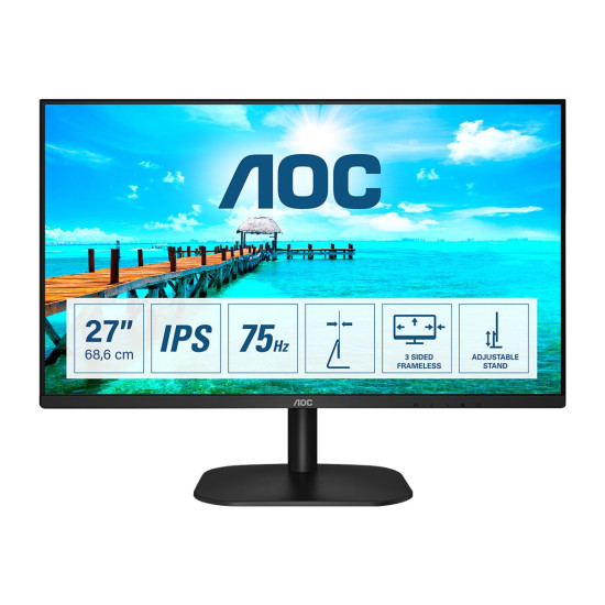 Монитор AOC 27B2DA 27 inch IPS FHD 1920x1080 16:9 250nits 75Hz 1000:1 4ms HDMI1.4 VGA DVI Headphone out Black Cable included