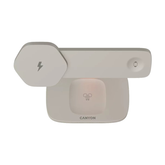 Безжично зарядно CANYON WCS-310, 24W, Qi, 3 в 1, магнитно, LED подсветка, Light Grey/Orange