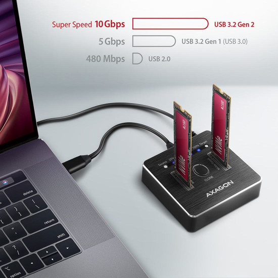 SSD докинг станция AXAGON ADSA-M2C SuperSpeed, USB-C + USB 3.2, M.2 2230, M.2 2242, M.2 2260, M.2 2280, M.2 22110