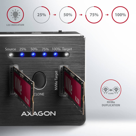 SSD докинг станция AXAGON ADSA-M2C SuperSpeed, USB-C + USB 3.2, M.2 2230, M.2 2242, M.2 2260, M.2 2280, M.2 22110