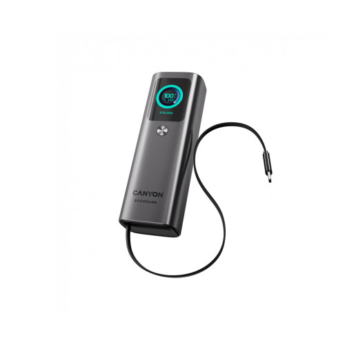 Външна батерия CANYON OnPower 265, 20000 mAh, 165 W, вграден кабел, алуминиева,Dark Grey