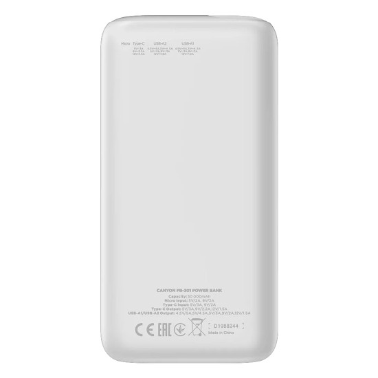 Външна батерия Canyon PB-301, 30000 mAh, LED дисплей, USB-C PD 20W, 2 x USB-A QC 3.0, White