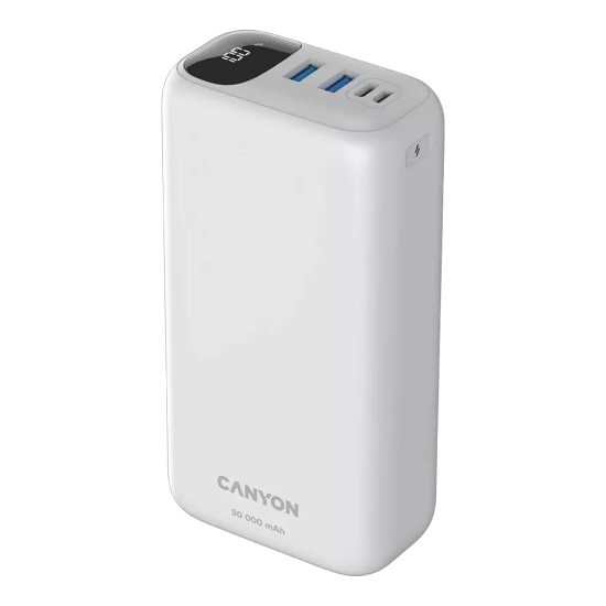 Външна батерия Canyon PB-301, 30000 mAh, LED дисплей, USB-C PD 20W, 2 x USB-A QC 3.0, White