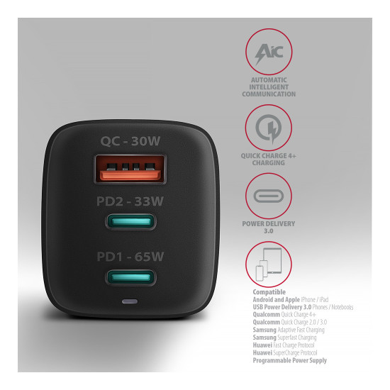 Зарядно Axagon ACU-DPQ65 GaN wall charger, Black
