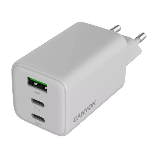 Зарядно CANYON CU65ACC GaN, 65W, 2xPD, 1xQC, EU, White