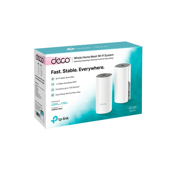 Безжична Wi-Fi система TP-Link Deco E4 (2-Pack), AC1200 Mesh, 867 Mbps (5 GHz) / 300 Mbps (2.4 GHz), 2 антени, Mu-Mimo, 2 x LAN