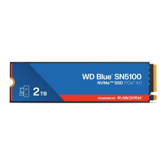 Вътрешен SSD диск Western Digital SN5100, 2 TB, M.2 2280, PCIe 4.0 x4 NVMe, QLC 3D NAND, до 7100 MB/s четене, до 6700 MB/s запис, 900 TBW, Blue