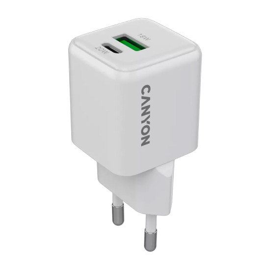 Зарядно CANYON CU20AC GaN, 20W, 1xPD, 1xQC, EU, White