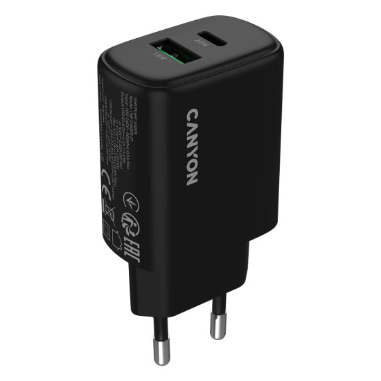 Зарядно CANYON OnCharge 200, 20W, 1xPD, 1xQC, EU, Black