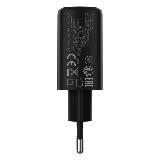 Зарядно CANYON OnCharge 200, 20W, 1xPD, 1xQC, EU, Black