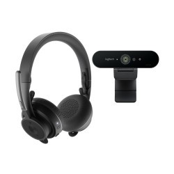 Комплект безжични слушалки Logitech Zone + Уеб камера Logitech BRIO, Bluetooth/USB, 4K Ultra HD, UC/Teams сертифицирани, Graphite