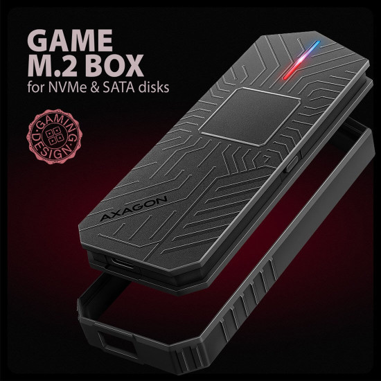 Външна кутия за диск AXAGON EEM2-GAM, USB-C, 10Gbps, M.2 NVMe + SATA SSD, Gaming Style