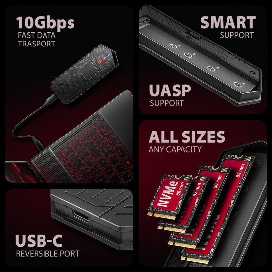 Външна кутия за диск AXAGON EEM2-GAM, USB-C, 10Gbps, M.2 NVMe + SATA SSD, Gaming Style
