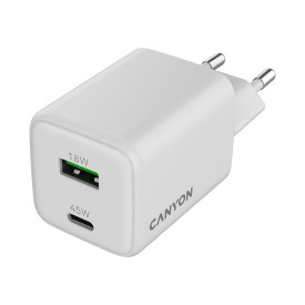 Зарядно CANYON CU45AC GaN, 45W, 1xPD, 1xQC, EU, White
