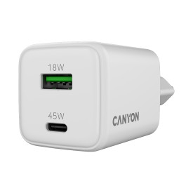 Зарядно CANYON CU45AC GaN, 45W, 1xPD, 1xQC, EU, White