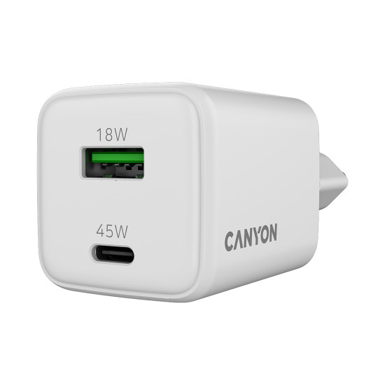 Зарядно CANYON CU45AC GaN, 45W, 1xPD, 1xQC, EU, White