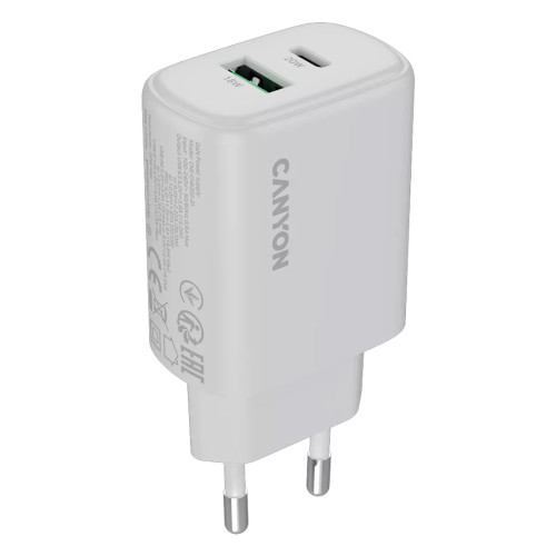 Зарядно CANYON OnCharge 200, 20W, 1xPD, 1xQC, EU, White