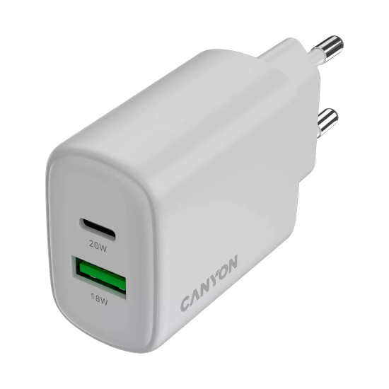 Зарядно CANYON OnCharge 200, 20W, 1xPD, 1xQC, EU, White