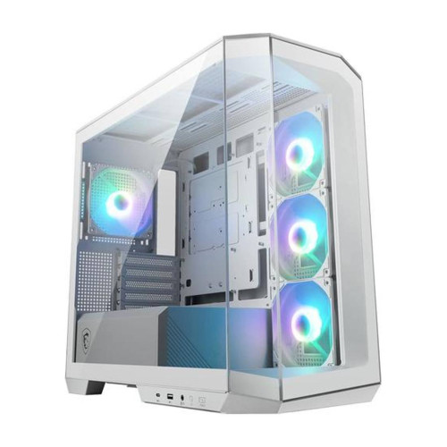 Кутия за компютър MSI MAG PANO M100R PZ WHITE, 1x USB 3.2 Gen 1 Type-A, 1xUSB 3.2 Gen2x2 Type- C, 1x Audio/1x Mic, LED Switch Loop Button, Power Button, 4x 120mm ARGB Fans