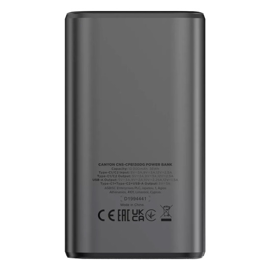 Външна батерия Canyon OnPower 130, USB-C Power Bank, 10000mAh, PD 30W, TFT дисплей, Dark Grey