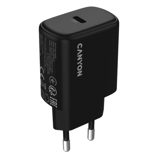 Зарядно Canyon OnCharge 250, 25W, 1x USB-C PD, EU стандарт, Black