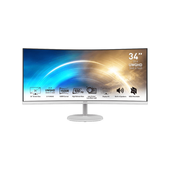 Монитор MSI PRO MP341CQW, 34 инча, Curved VA, 3440x1440, 100Hz, 1500R, HDR, Anti-Flicker, HDMI, DisplayPort, Speakers