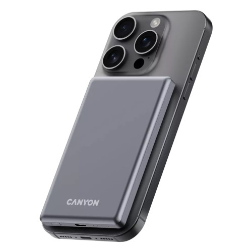 Външна батерия Canyon OnPower 505 Slim, USB-C Power Bank, 5000mAh, PD 20W, MagSafe, Dark Grey