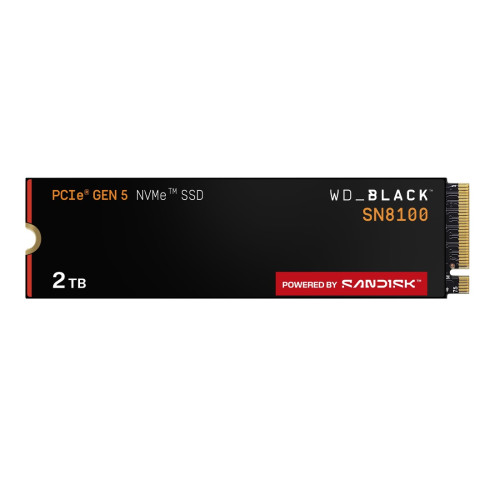 Вътрешен SSD диск Western Digital SN8100, 2 TB, M.2 2280, PCIe 5.0 x4 NVMe, до 14900 MB/s четене, до 14000 MB/s запис, 2300K/2400K IOPS, 1200 TBW, Black