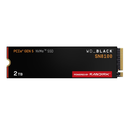 Вътрешен SSD диск Western Digital SN8100, 2 TB, M.2 2280, PCIe 5.0 x4 NVMe, до 14900 MB/s четене, до 14000 MB/s запис, 2300K/2400K IOPS, 1200 TBW, Black