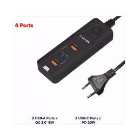 Зарядно CANYON H-10 PD, 20W, QC 3.0 18W, 2xUSB-A, 2xUSB-C, Desk, Black