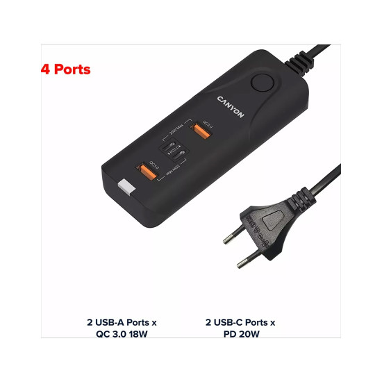Зарядно CANYON H-10 PD, 20W, QC 3.0 18W, 2xUSB-A, 2xUSB-C, Desk, Black