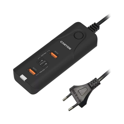 Зарядно CANYON H-10 PD, 20W, QC 3.0 18W, 2xUSB-A, 2xUSB-C, Desk, Black