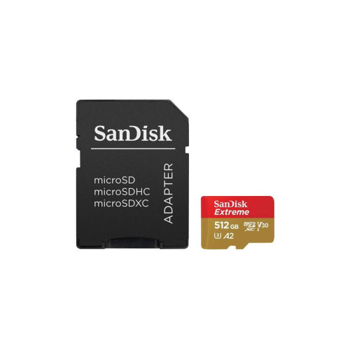 Карта памет SanDisk Extreme microSDXC, 512 GB, SD адаптер, до 190 MB/s четене, до 130 MB/s запис, 1 година RescuePRO Deluxe