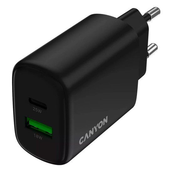 Зарядно CANYON OnCharge 250, 25W, 1xPD, 1xQC, EU, Black