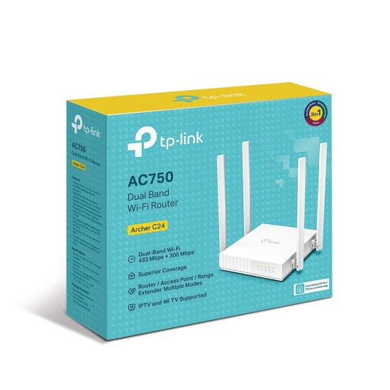 Рутер TP-Link Archer C24, AC750, 433 Mbps (5GHz) / 300 Mbps (2.4GHz), 4 антени