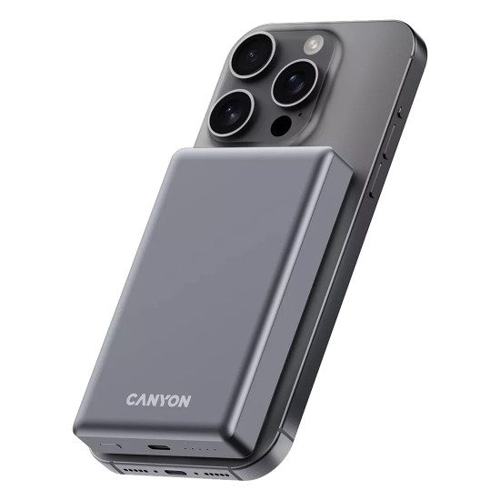 Външна батерия Canyon OnPower 510 Slim, USB-C Power Bank, 10000mAh, PD 20W, MagSafe, Dark Grey