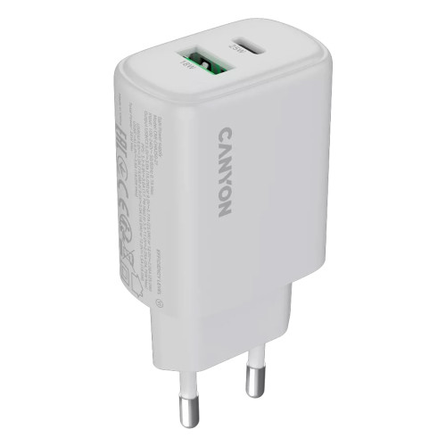 Зарядно Canyon OnCharge 250, 25W, 1x USB-C PD, 1x USB-A QC, EU, White