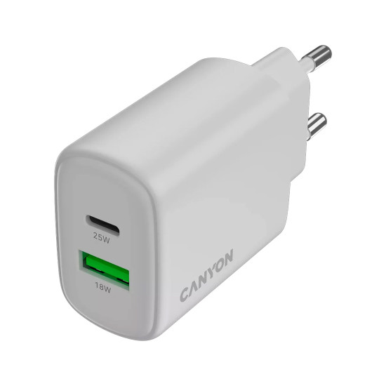 Зарядно Canyon OnCharge 250, 25W, 1x USB-C PD, 1x USB-A QC, EU, White