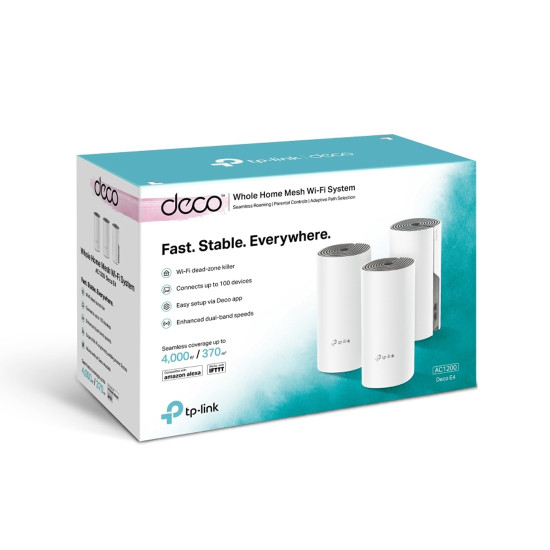 Безжична Wi-Fi система TP-Link Deco E4 (3-Pack), AC1200 Mesh, 867 Mbps (5 GHz) / 300 Mbps (2.4 GHz), 2 антени, Mu-Mimo, 2 x LAN