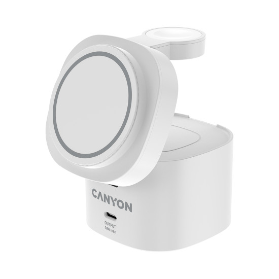 Безжично зарядно Canyon 4 в 1, до 30 W, 70 x 70 x 70.3 mm, 414 g, с 65 W зарядно устройство и 1 m кабел, White